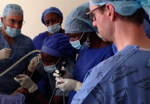 Dr. Roberto Franco works with ENT residents at Mbarara Regional Referral Hospital as part of a residency enrichment partnership with Massachusetts Eye and Ear Infirmary